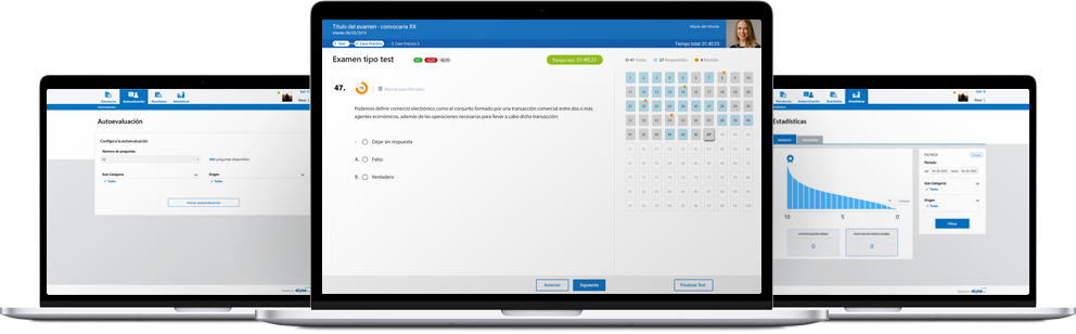 Tres ordenadores porttiles que muestran el intrfaz de la autoevaluacin, de un examen tipo test y de las estadsticas en la plataforma eLearning eLysa Training.